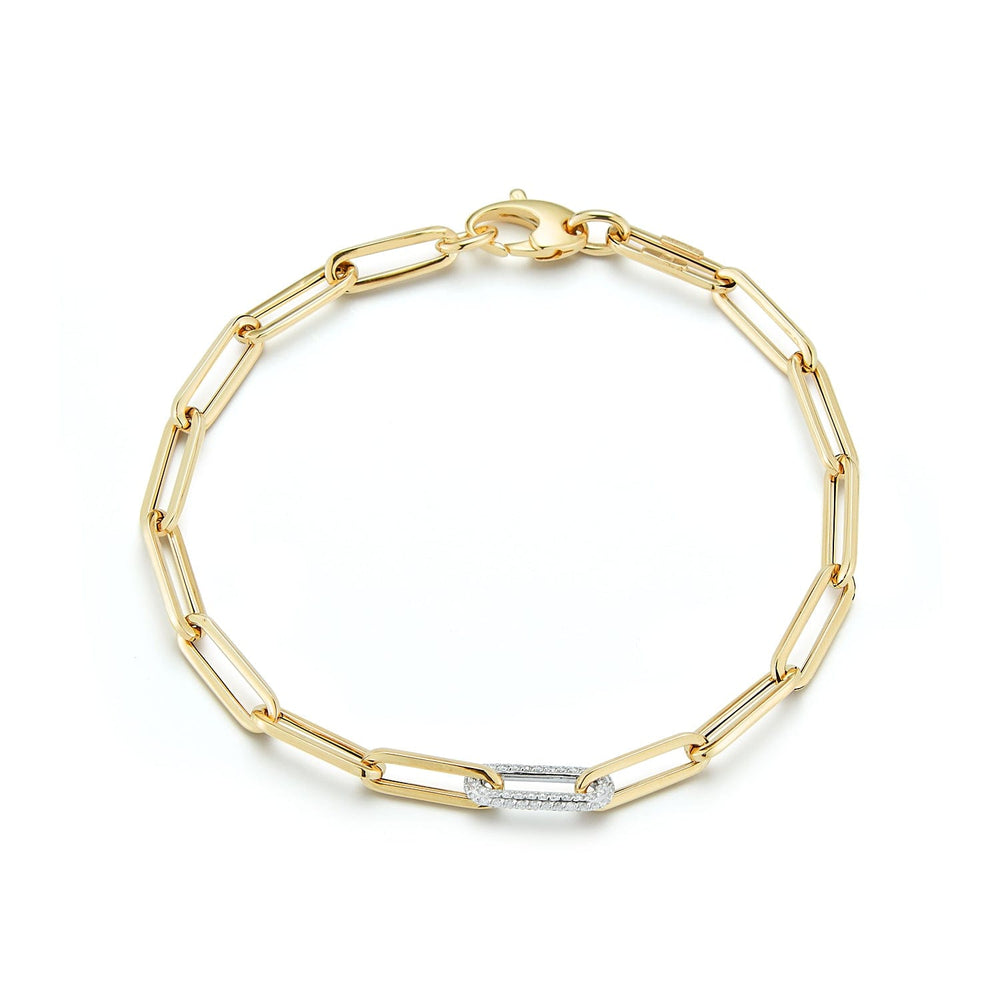 14K yellow gold paperclip chain bracelet with pavé diamond link by Laurenti New York