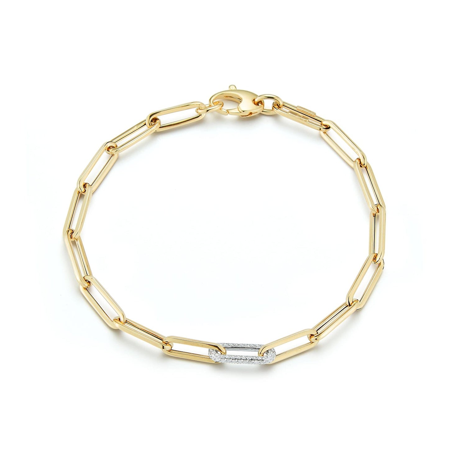 14K yellow gold paperclip chain bracelet with pavé diamond link by Laurenti New York