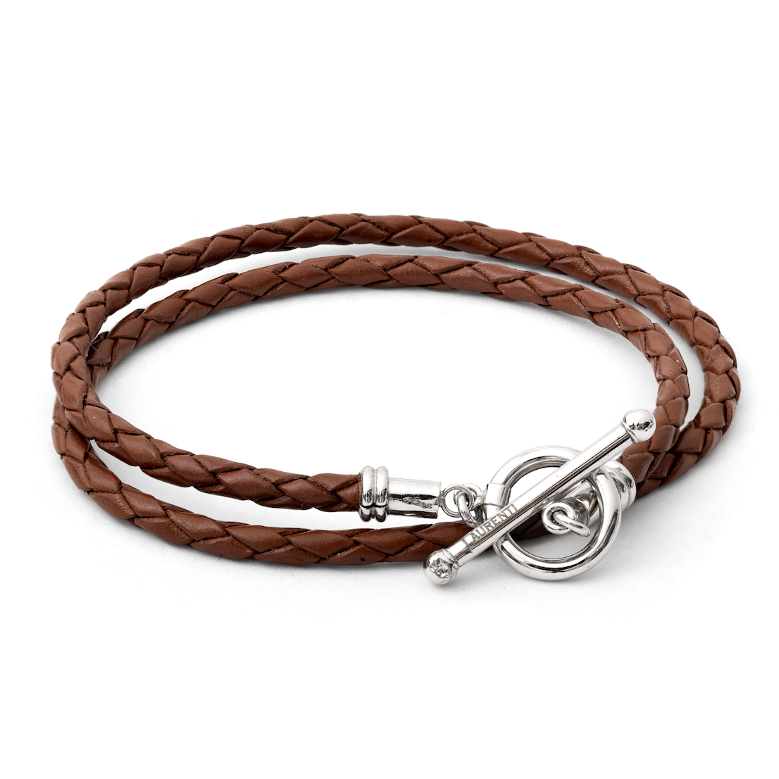 Brown braided leather bracelet with white gold clasp on a white background