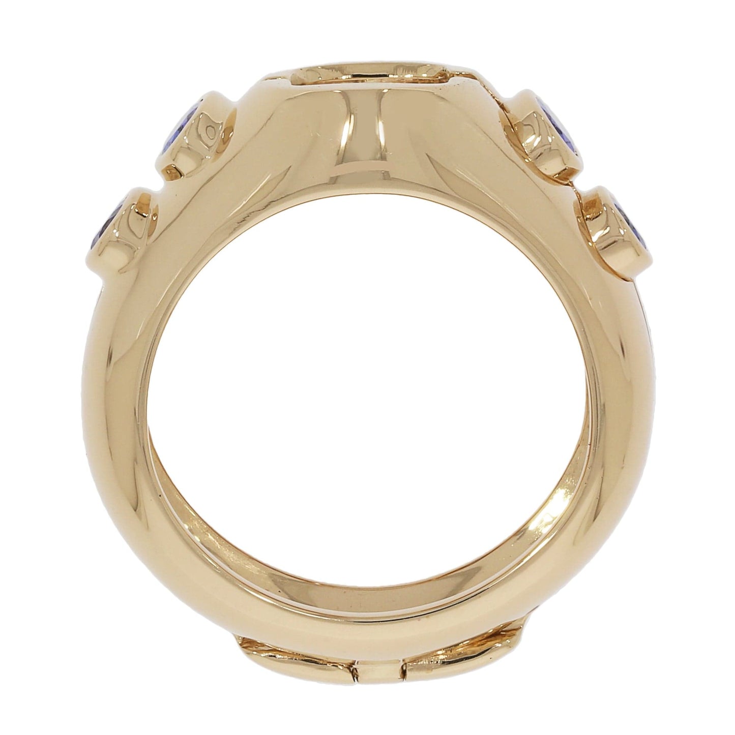18K Yellow Gold Tanzanite Ring Jacket by Laurenti New York featuring bezel-set violet-blue tanzanite accents around a solitaire setting.