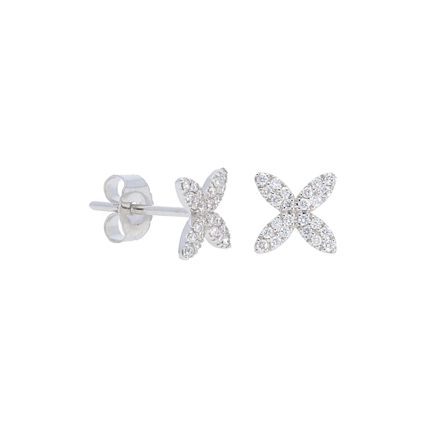 Close-up of Laurenti’s Mini Pave Diamond Studs in 14k white gold, featuring four petal-shaped points set with brilliant diamonds.