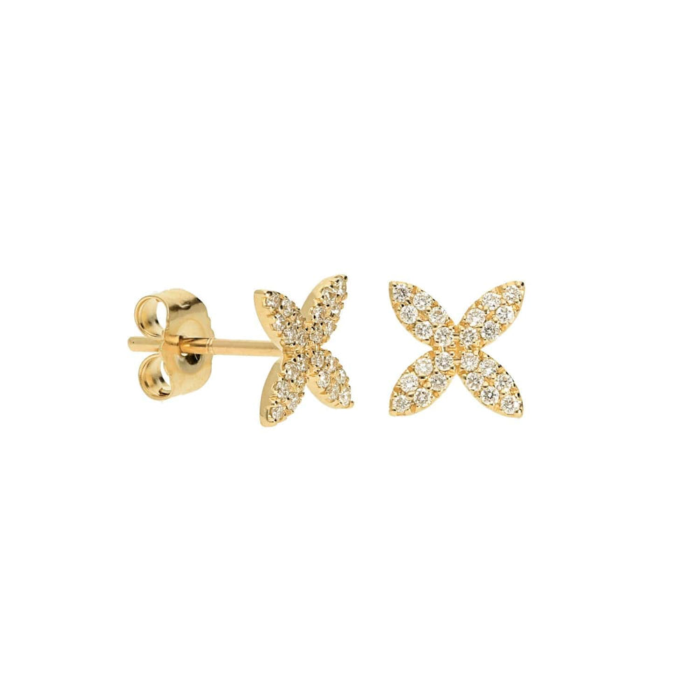 Close-up of Laurenti’s Mini Pave Diamond Studs in 14k yellow gold, featuring four petal-shaped points set with brilliant diamonds.