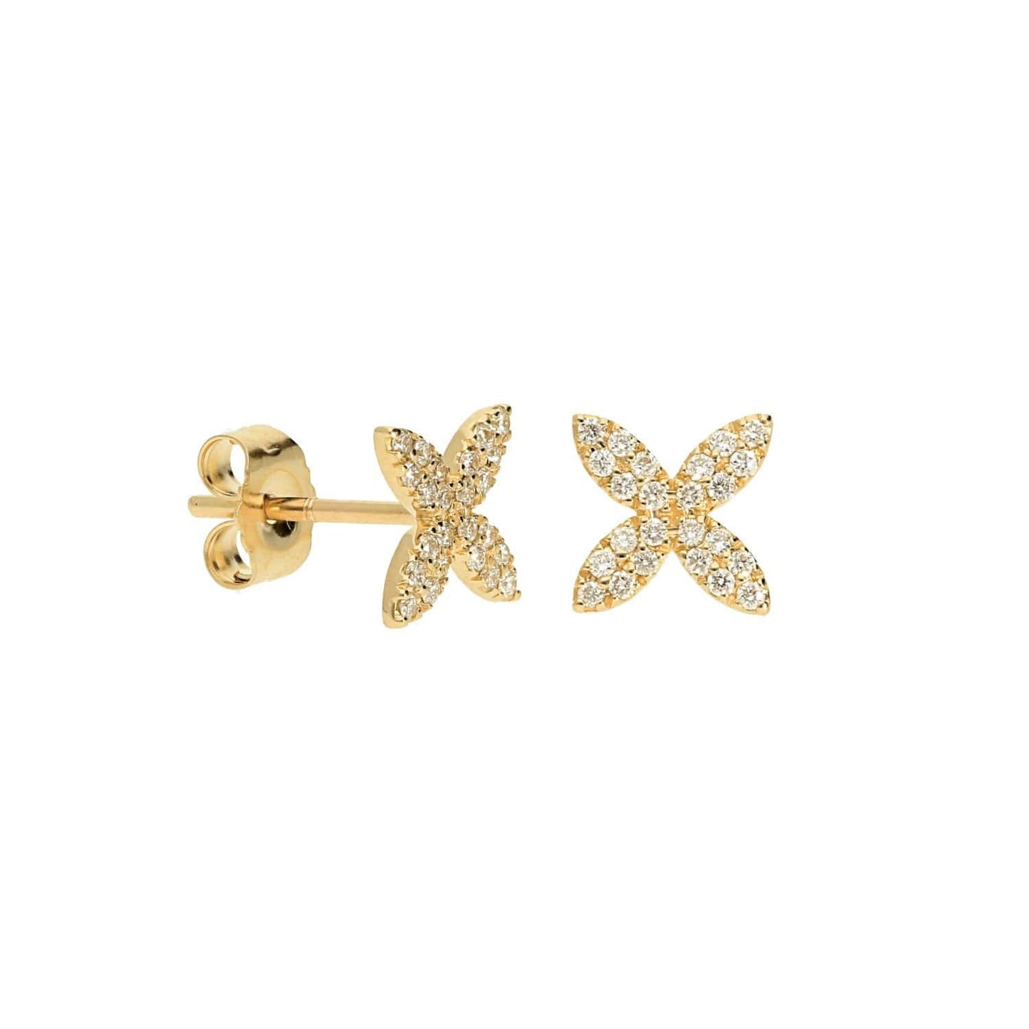 Close-up of Laurenti’s Mini Pave Diamond Studs in 14k yellow gold, featuring four petal-shaped points set with brilliant diamonds.