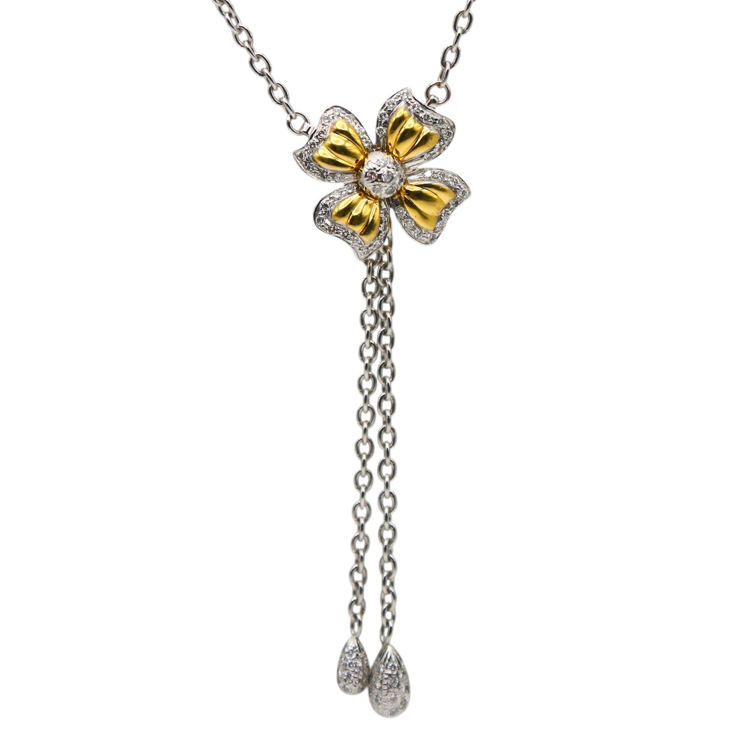 Laurenti Two-Tone Diamond Bow Pendant Necklace in 18K White and Yellow Gold with Double Chain Drop