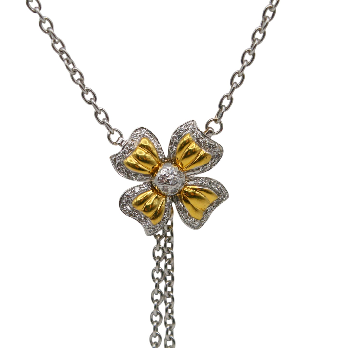 Laurenti Two-Tone Diamond Bow Pendant Necklace in 18K White and Yellow Gold with Double Chain Drop