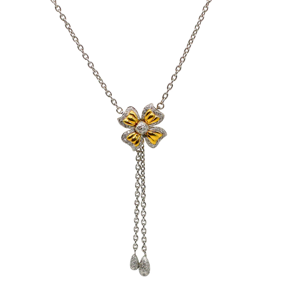 Laurenti Two-Tone Diamond Bow Pendant Necklace in 18K White and Yellow Gold with Double Chain Drop