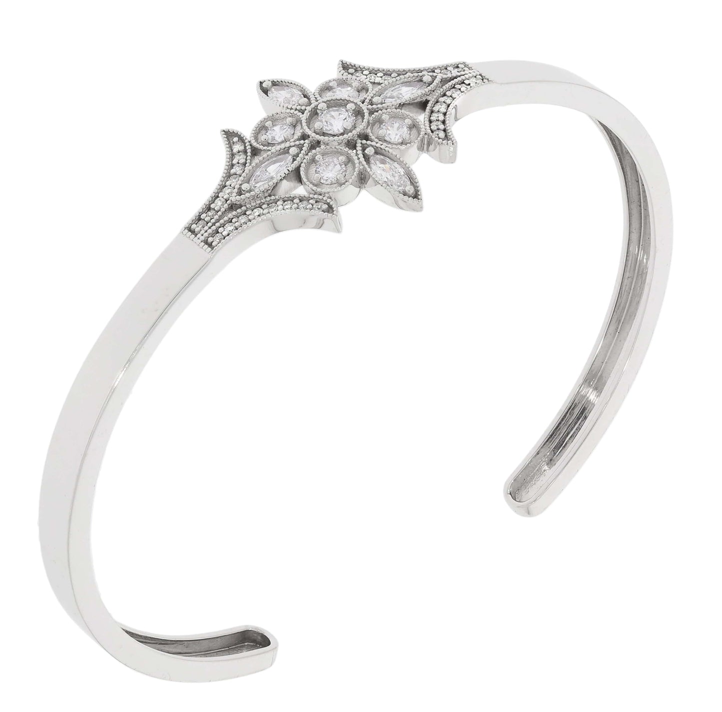 Laurenti Vela cuff bracelet in 14K white gold with lab-grown diamonds and vintage milgrain detailing.