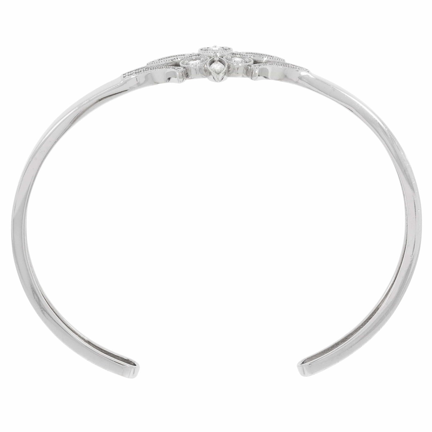 Laurenti Vela cuff bracelet in 14K white gold with lab-grown diamonds and vintage milgrain detailing.