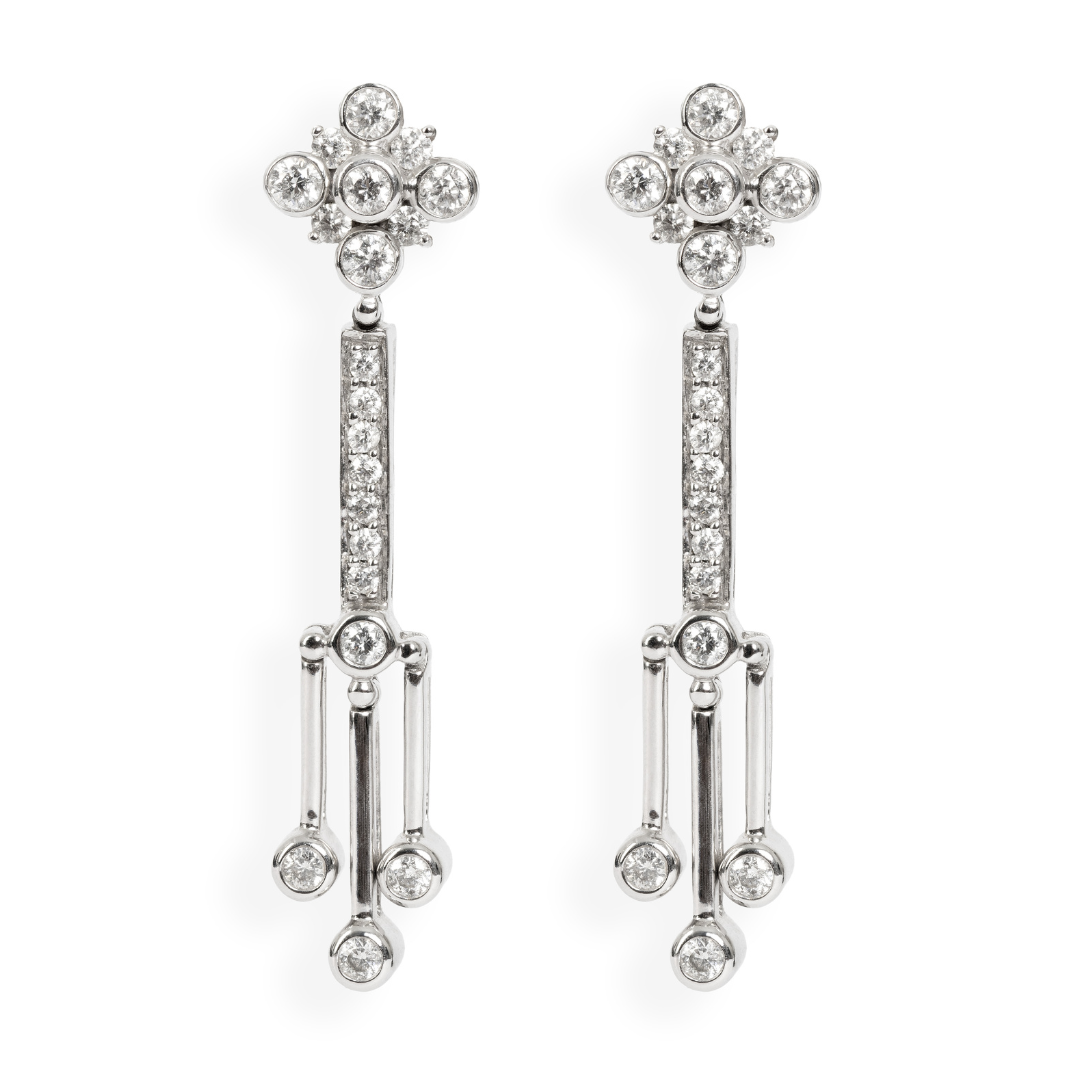 Laurenti New York Art Deco-inspired diamond pendant earrings in 18k white gold with bezel and pavé-set round diamonds in a vertical drop design.