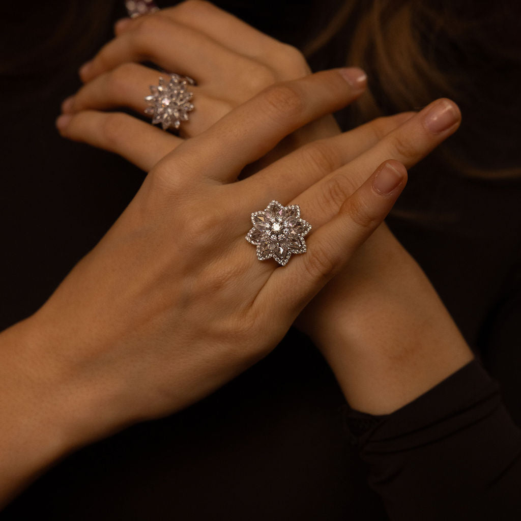Detail of the Aurelia ring showing rose-cut diamonds and brilliant accents