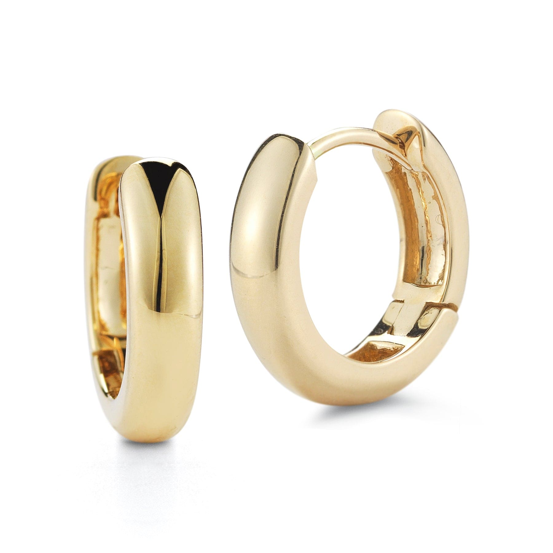 Close-up of Laurenti 14k yellow gold huggie hoop earrings with high-polish finish, designed for a refined, minimal everyday look.