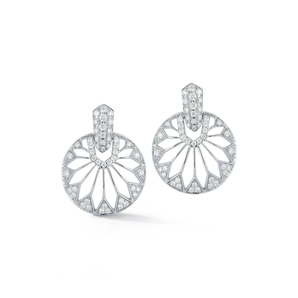 Gatsby diamond earrings in 14k white gold with 1.32 carats of pavé diamonds by Laurenti New York, Art Deco inspired luxury jewelry.