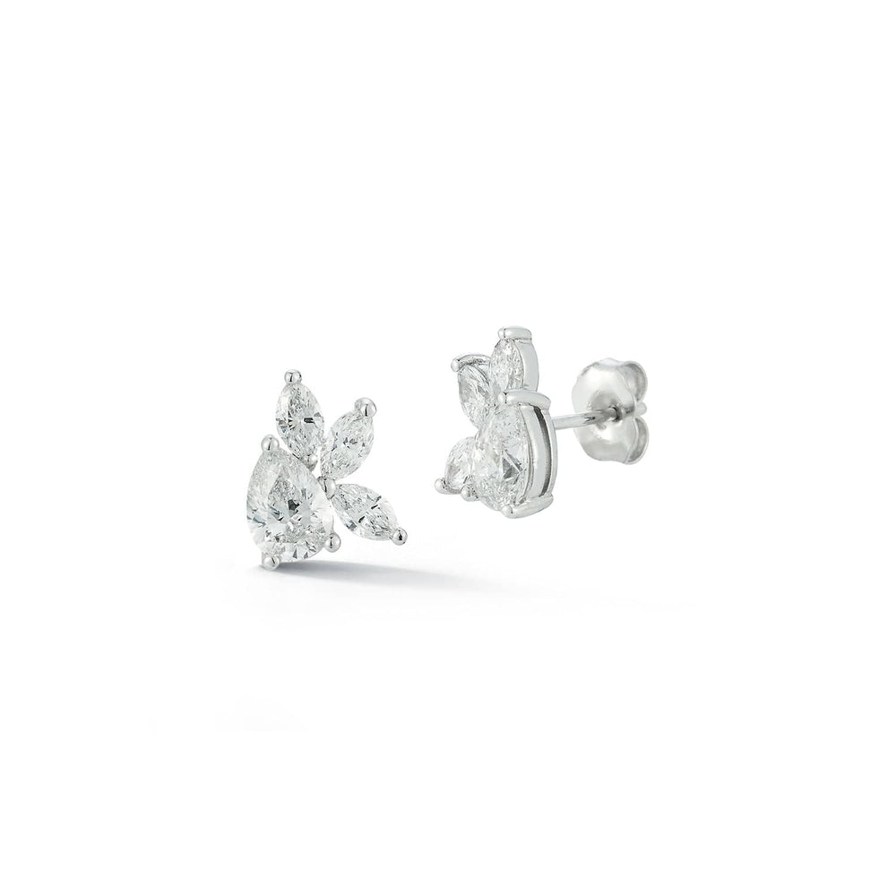 Laurenti New York Marquise and Pear Diamond Cluster Stud Earrings in 18k White Gold featuring natural diamonds in a floral-inspired design.