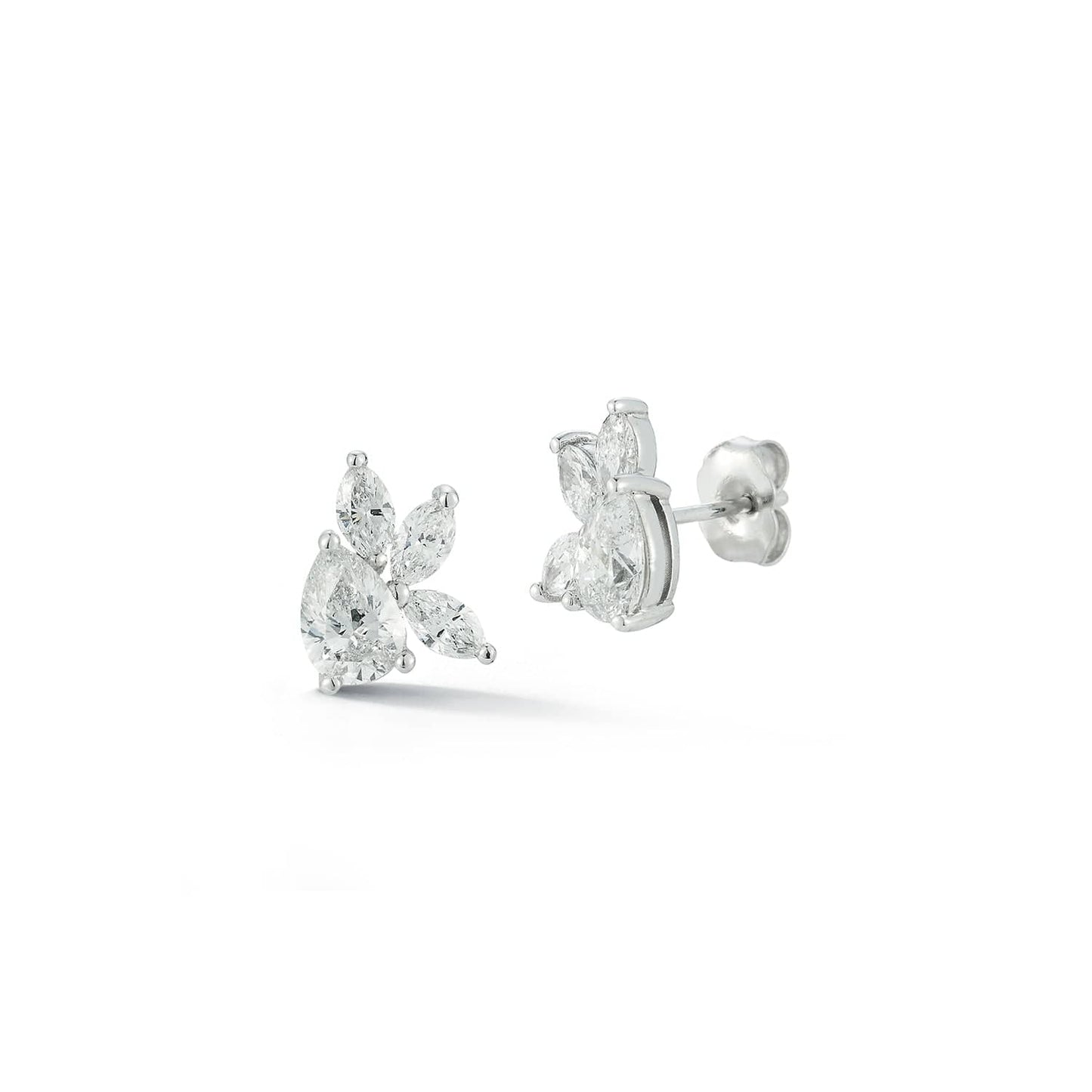 Laurenti New York Marquise and Pear Diamond Cluster Stud Earrings in 18k White Gold featuring natural diamonds in a floral-inspired design.