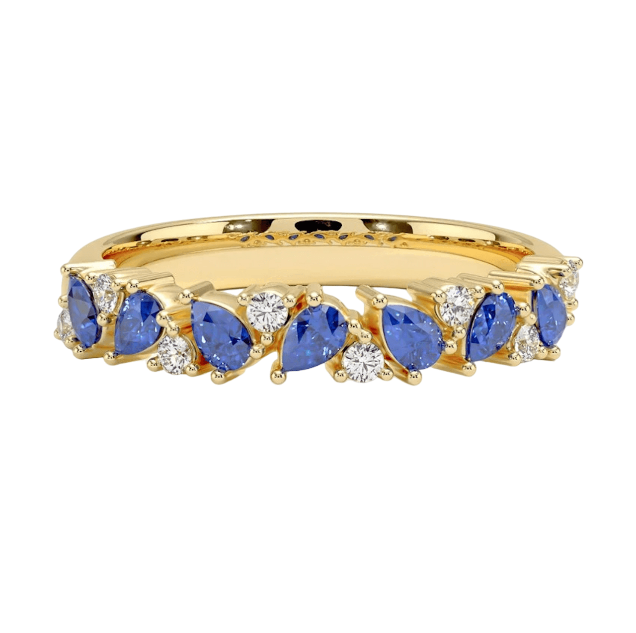 Laurenti New York Rings Natural Pear Shape Sapphire and Round Diamond Half Eternity Ring in 14k Yellow Gold - Radiant Elegance