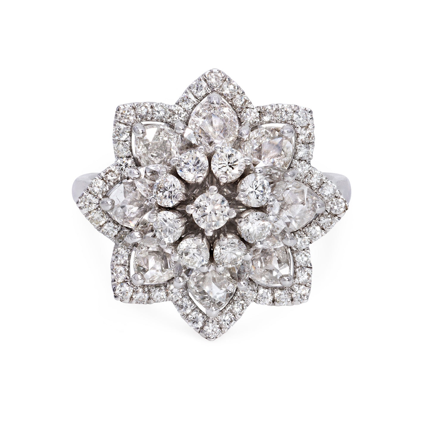 Aurelia ring featuring natural rose-cut diamonds with round brilliant accents in 18k white gold