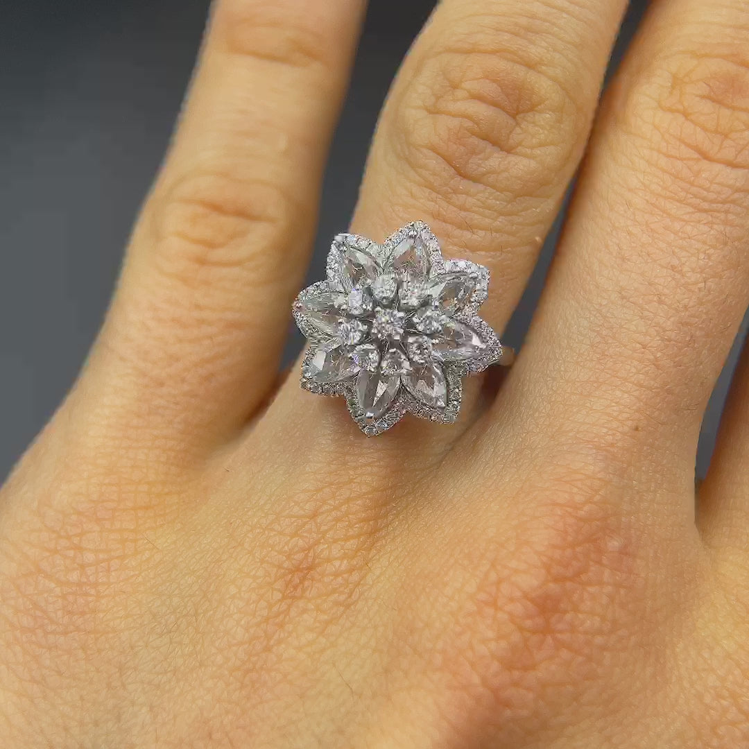 1.45 Carat Rose cut 0.43 Carat Round Diamond Lilotus Ring 18K Gold, Size 6.25