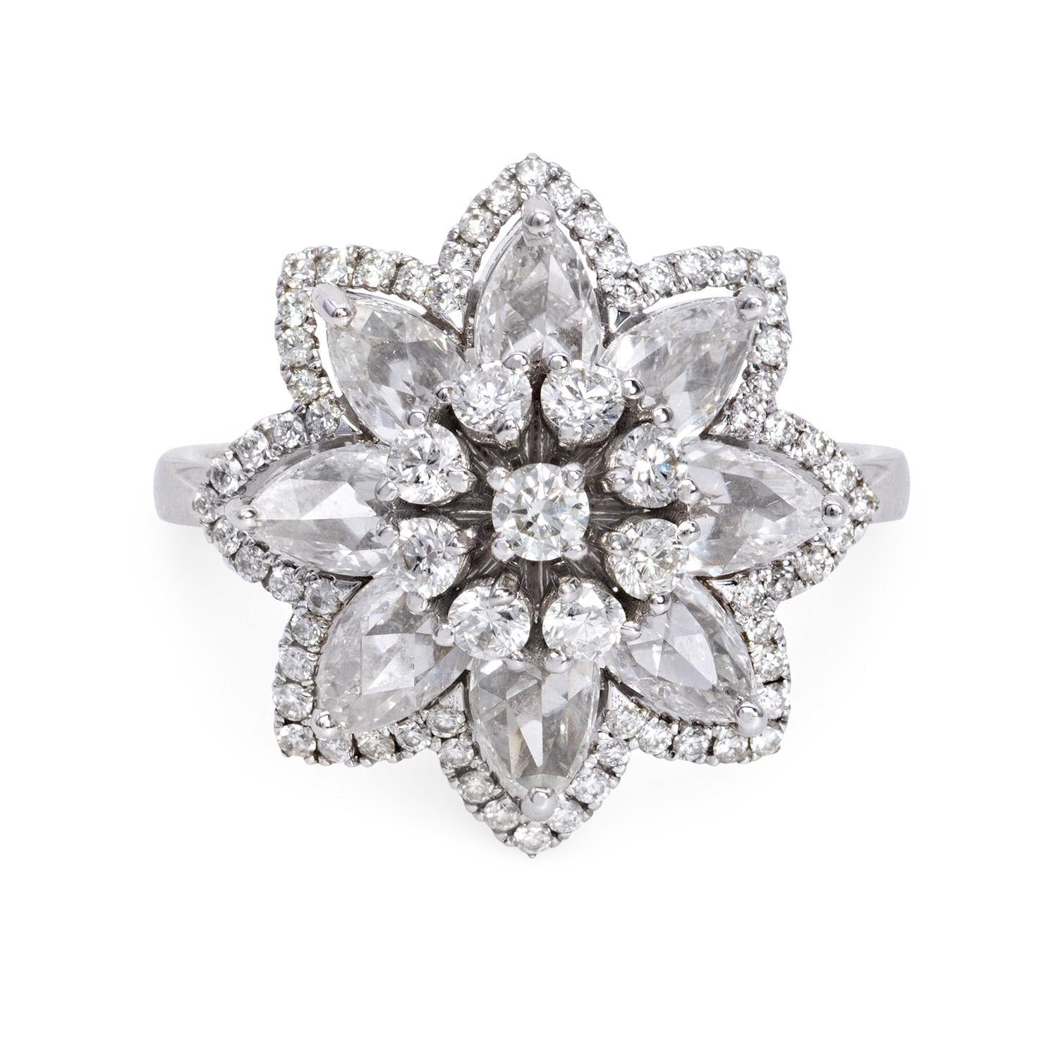 Rose Cut Diamond Ring in 18k White Gold, front view