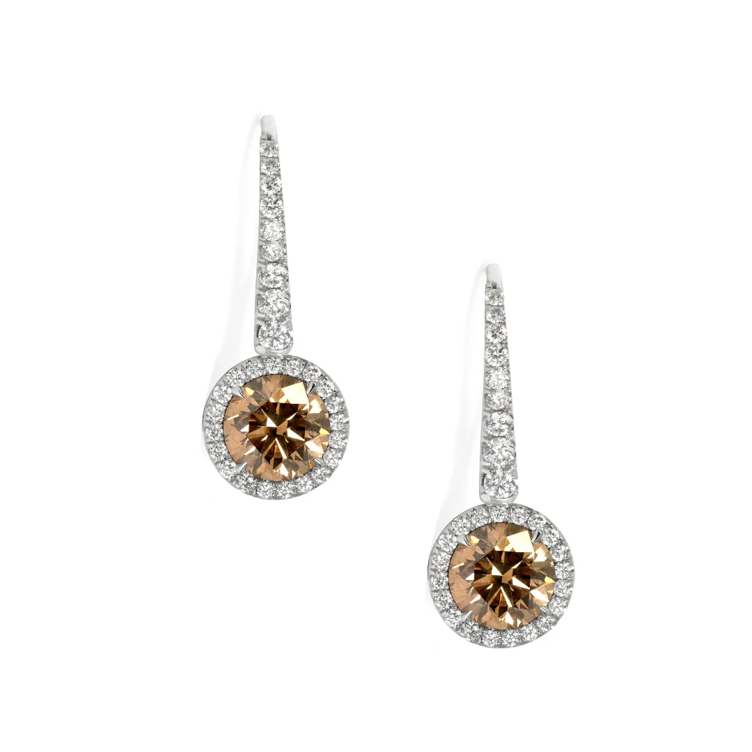 Champagne Diamond Halo Earrings in White Gold, front view