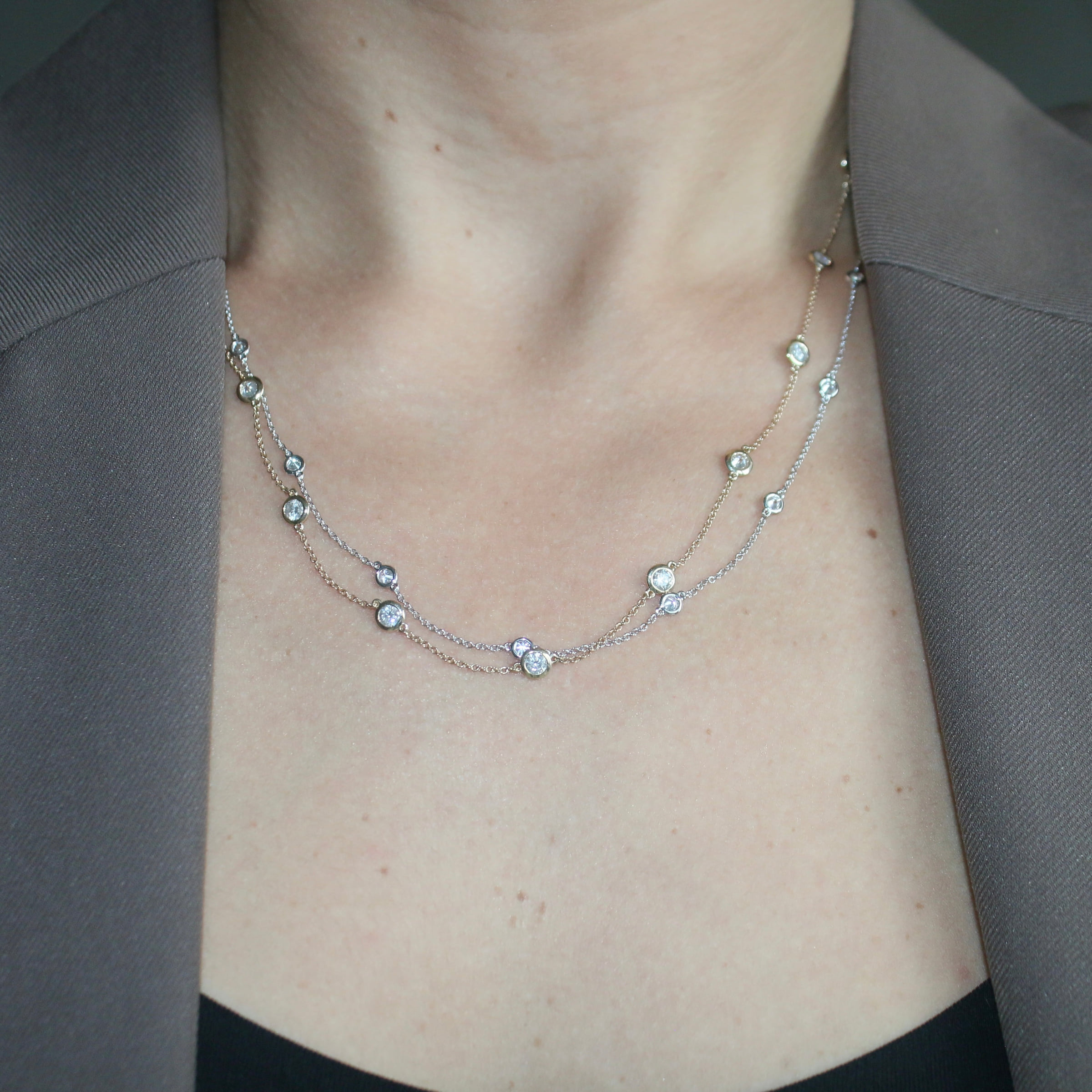 Diamond Bezel Station Necklace in 14k Gold, shown on the wearer