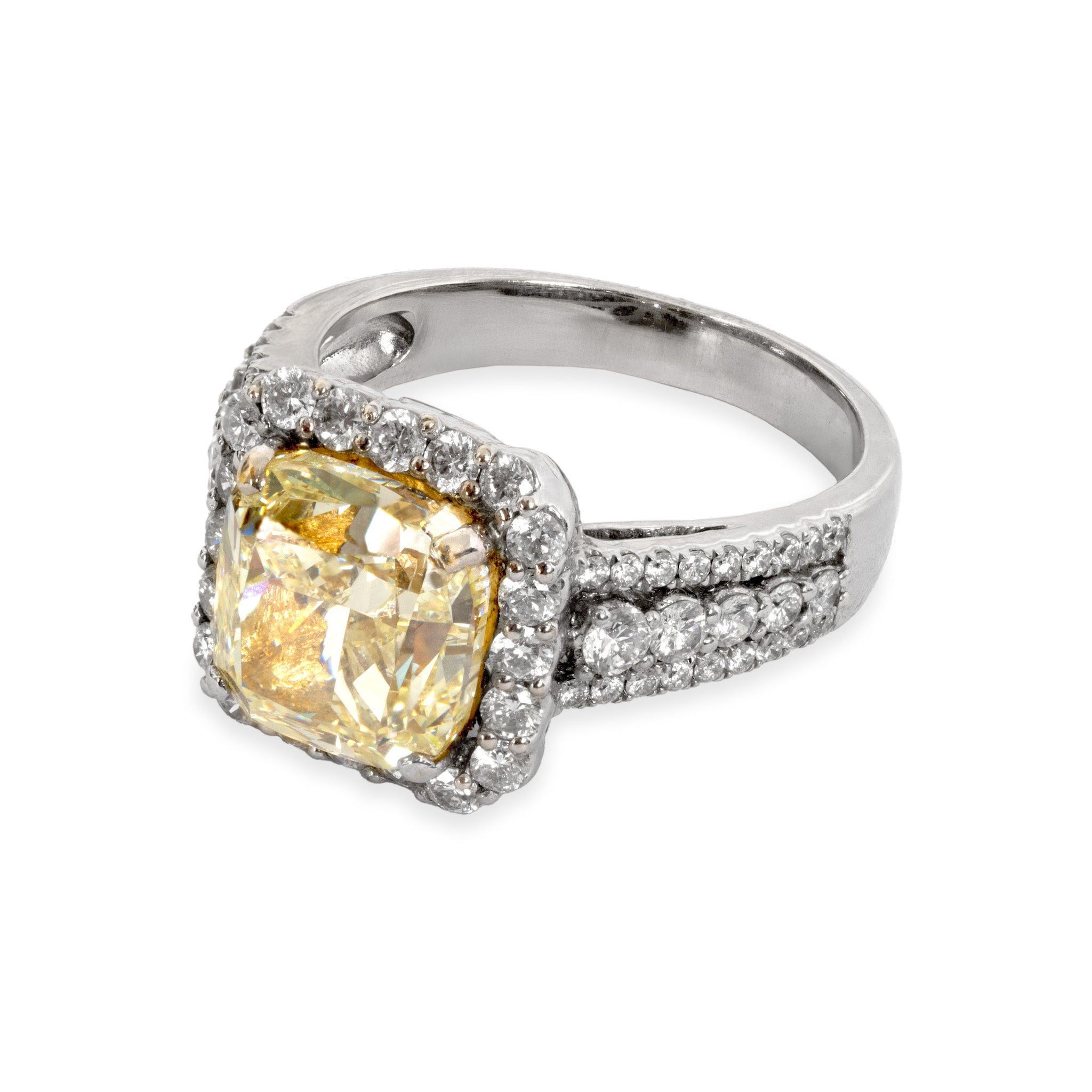 Natural fancy yellow cushion-cut diamond ring