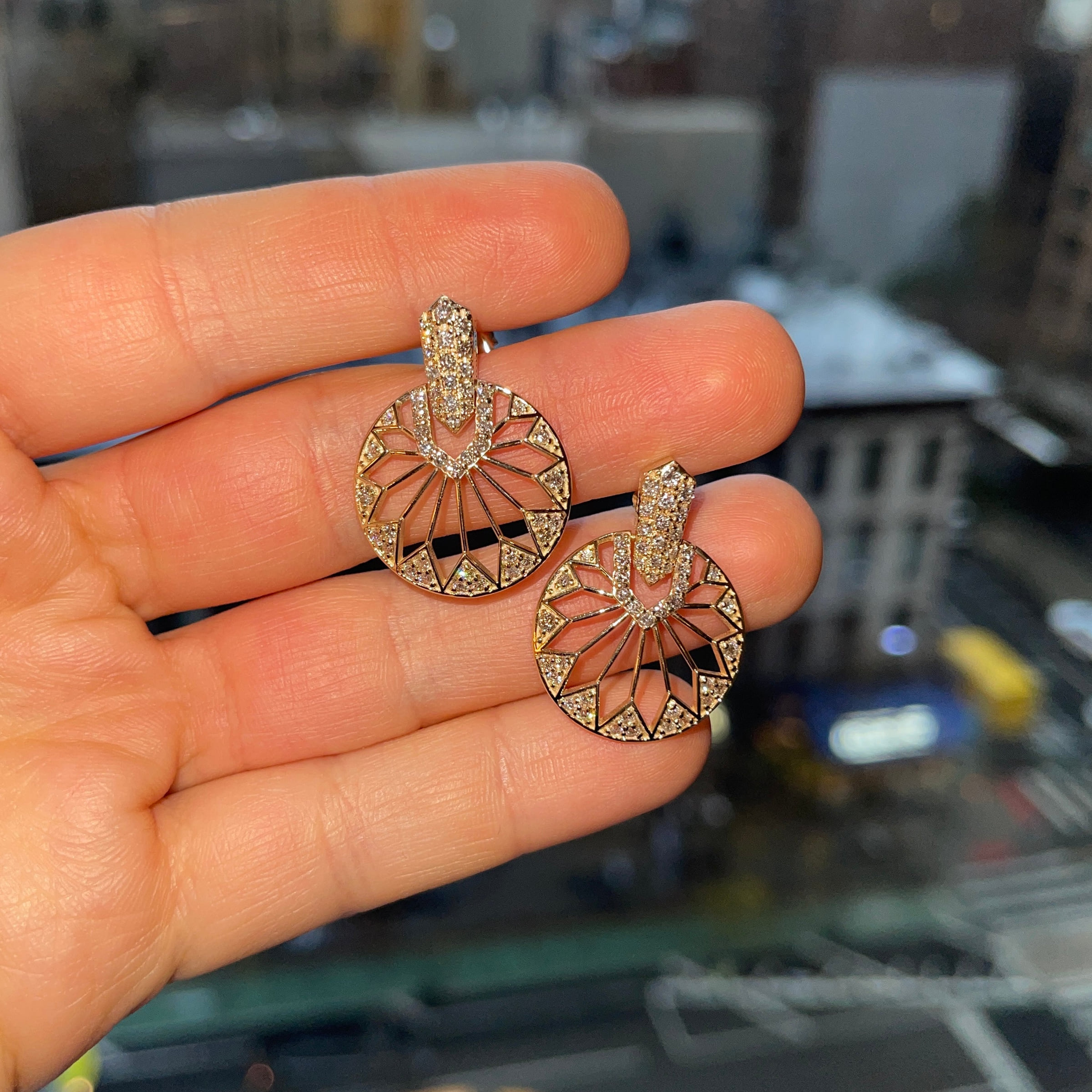 Gatsby Diamond Earrings, shown on the wearer
